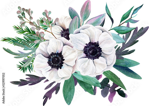 White anemone with leaves, Watercolor floral arrangement