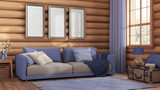 Log cabin living room in violet and beige tones. Fabric sofa, carpet and windows. Frame mockup, farmhouse interior design