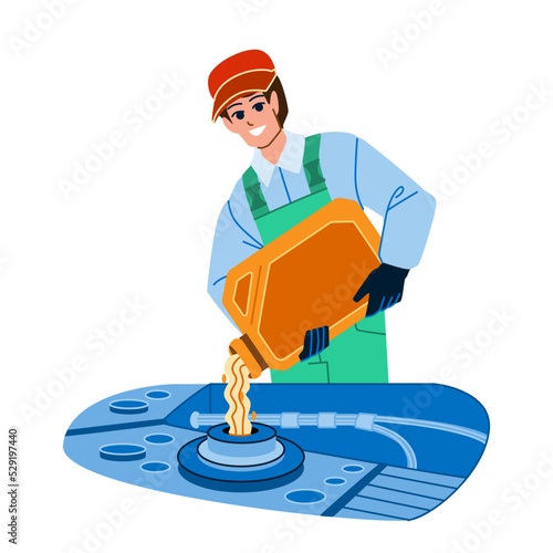 car mechanic oil vector. motor service, automotive engine, auto vehiclem garage repair car mechanic oil character. people flat cartoon illustration