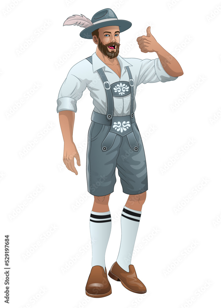 Happy Bavarian men wearing Lederhosen and thumb up pose