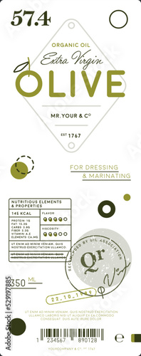 Extra virgin olive oil trendy label template. Layout of food identity branding, modern packaging design. Healthy organic product, natural vegetarian nutrition vector illustration