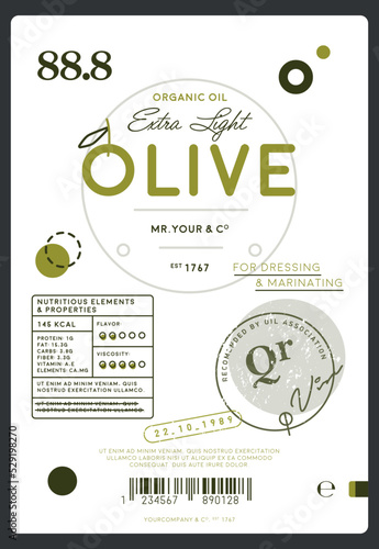 Premium quality extra virgin olive oil label. Layout of food identity branding, modern packaging design. Healthy traditional product, organic vegetarian nutrition vector illustration