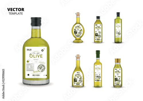 Organic extra virgin olive oil realistic glass bottles with labels. Layout of food identity branding, modern packaging design. Traditional healthy product, natural vegan nutrition vector illustration