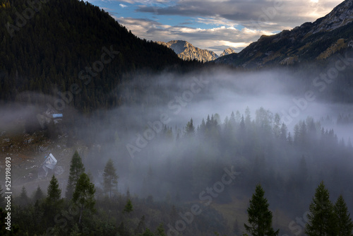 Summer Morning Mist after Night Rain Shower in Triglav National Park Slovenia - Duplje Valley