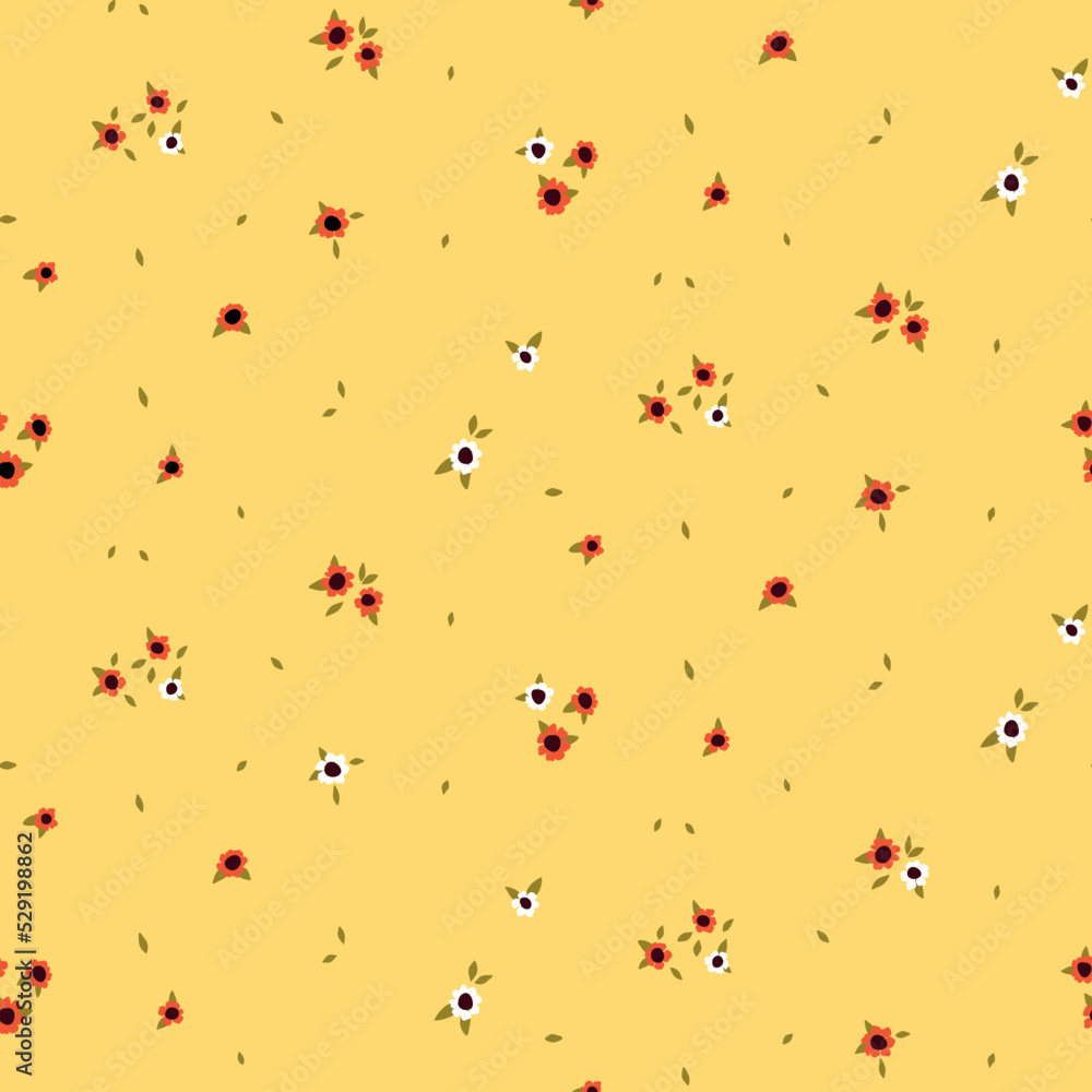 Seamless floral pattern, cute ditsy print with mini cute flowers in an abstract composition on a yellow surface. Pretty botanical background design with small hand drawn flowers, leaves. Vector. Seamless floral pattern, cute ditsy print with mini cute flowers in an abstract composition on a yellow surface. Pretty botanical background design with small hand drawn flowers, leaves. Vector.