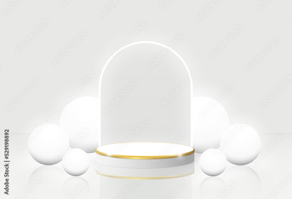 Abstract 3D rendering White base golden cylinder podium studio with a neon light on the wall. Geometric shape object illustration for banner, poster, and wallpaper. Display showcase product. Abstract 3D rendering White base golden cylinder podium studio with a neon light on the wall. Geometric shape object illustration for banner, poster, and wallpaper. Display showcase product.