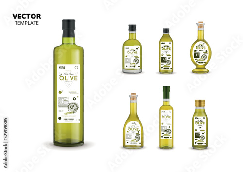 Natural extra virgin olive oil realistic glass bottles with labels. Layout of food identity branding, modern packaging design. Traditional healthy product, organic vegan nutrition vector illustration