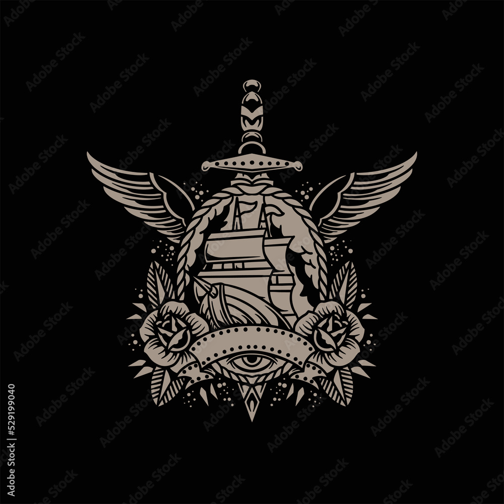 Fototapeta premium dagger and ship tattoo vector design
