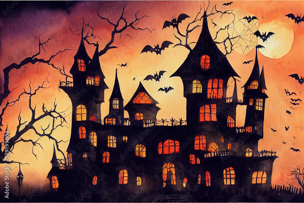 Halloween castle. Halloween background for party at scary night