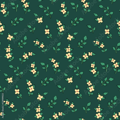 Seamless floral pattern, cute ditsy print with small hand drawn plants on a green background. Pretty botanical surface design with mini flowers branches, leaves. Vector illustration.