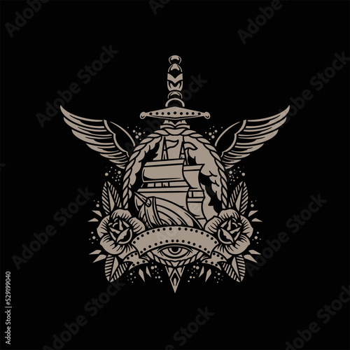 dagger and ship tattoo vector design