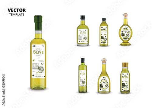 Realistic extra virgin olive oil glass bottles with labels. Layout of food identity branding, modern packaging design. Traditional healthy product, organic vegan nutrition vector illustration