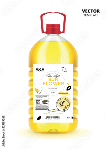 Natural extra virgin sunflower oil realistic plastic bottle with label. Layout of food identity branding, modern packaging design. Traditional healthy product, organic nutrition vector illustration
