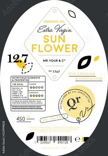 Organic sunflower oil label template. Healthy agriculture product, natural vegetarian nutrition vector illustration. Layout of food identity branding, modern packaging design for extra virgin oil.