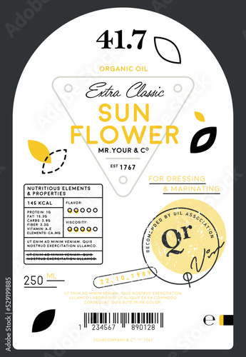 Organic extra virgin sunflower oil label template. Layout of food identity branding, modern packaging design. Healthy agriculture product, natural vegetarian nutrition vector illustration