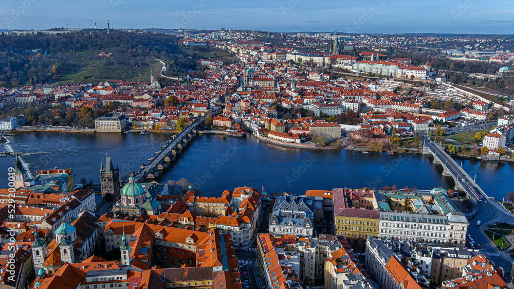 Aerial view of beautiful Prague old town and river in Czech Republic