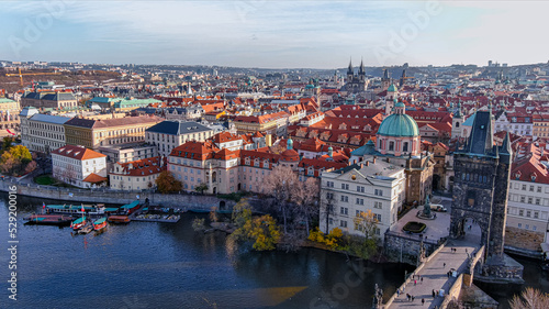 Aerial view Charles Bridge of the old town in Prague, Czech Republic