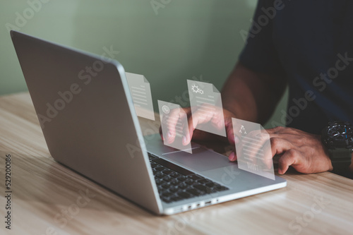 business people sitting on computers and digital marketing concept virtual financial ion chart