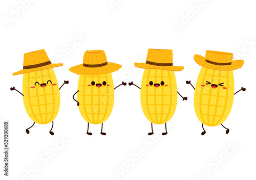 Corn cartoon vector. Cute vegetable vector character isolated on white. Corn mascot. Farmer hat. Peasant hat vector.