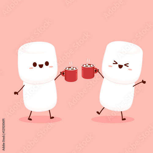 Funny Marshmallows characters  and hot chocolate with marshmallows. Marshmallows character design. Dessert cartoon. Red cup with muffin.