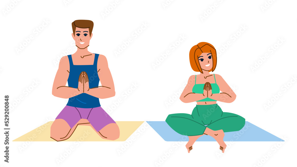 couple doing yoga vector. home workout exercise, sport woman man, family health couple doing yoga character. people flat cartoon illustration