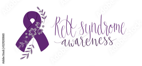 Rett Syndrome Awareness Month October handwritten lettering and purple support ribbon. Web banner vector template