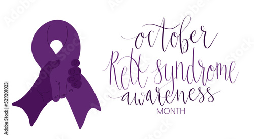 Rett Syndrome Awareness Month October handwritten lettering and purple support ribbon. Web banner vector template