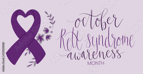 Rett Syndrome Awareness Month October handwritten lettering and purple support ribbon. Web banner vector template