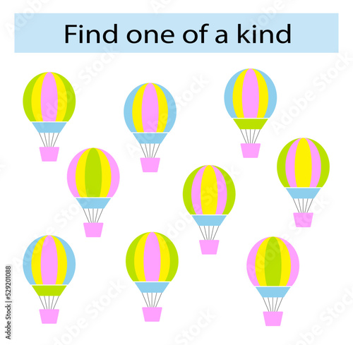 Fun education game for kids. Need to find one of a kind air balloon. Kids activity page. Vector