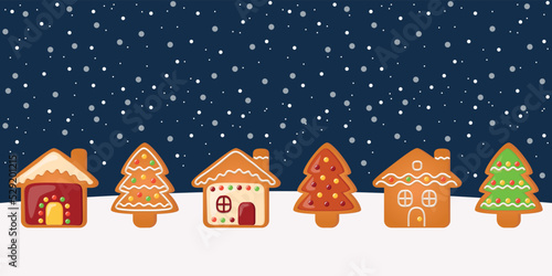 christmas cookie village greeting card on snowy landscape