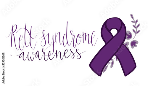Rett Syndrome Awareness Month October handwritten lettering and purple support ribbon. Web banner vector template