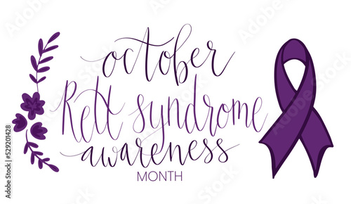 Rett Syndrome Awareness Month October handwritten lettering and purple support ribbon. Web banner vector template