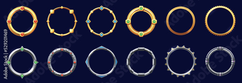 Game round interface frames. Cartoon UI circle game asset items, empty golden medieval silver textured borders for GUI design. Vector sprite graphic set