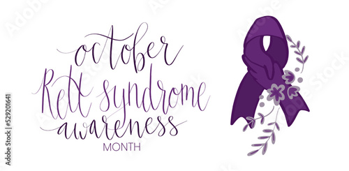 Rett Syndrome Awareness Month October handwritten lettering and purple support ribbon. Web banner vector template