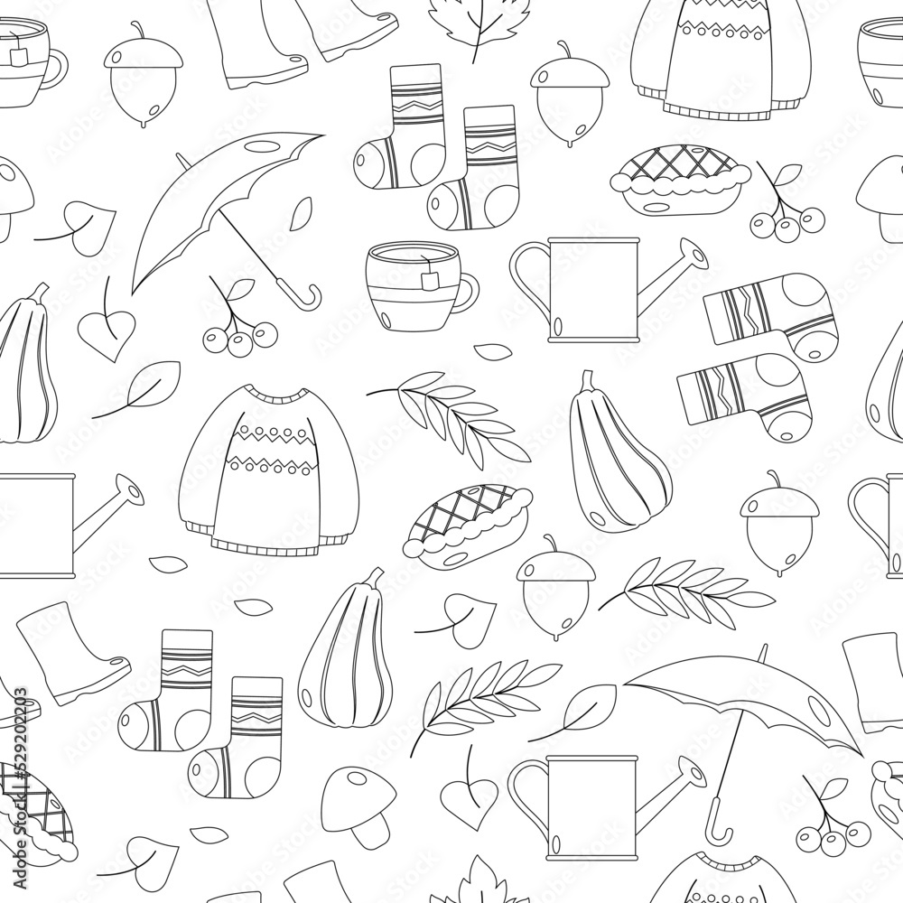 Seamless outline pattern of autumn. Vector illustration.