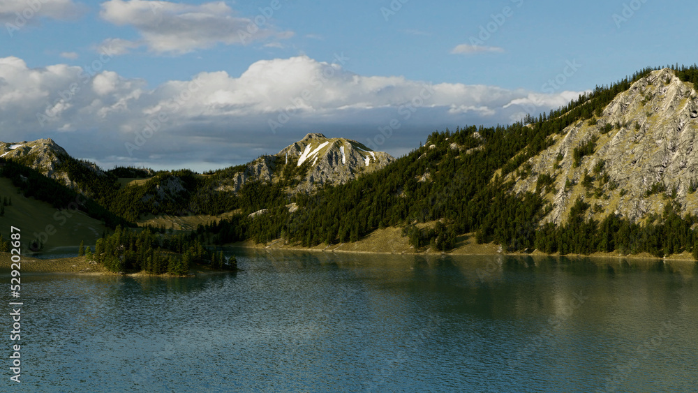 Mountains with pine trees, grass and some snow surrounding a mountain lake under a blue sky with clouds. 3D render.