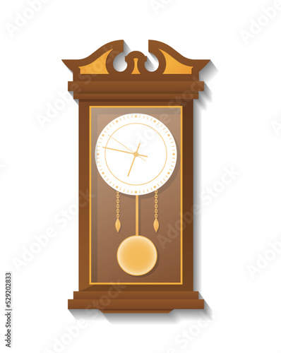 Antique wooden pendulum clock icon. Analog chronometer isolated vector illustration in flat style.