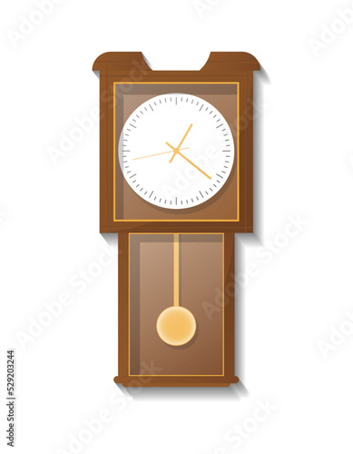 Vintage wooden pendulum clock icon. Analog chronometer isolated vector illustration in flat style.