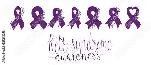 Rett Syndrome Awareness Month October handwritten lettering and purple support ribbon. Web banner vector template