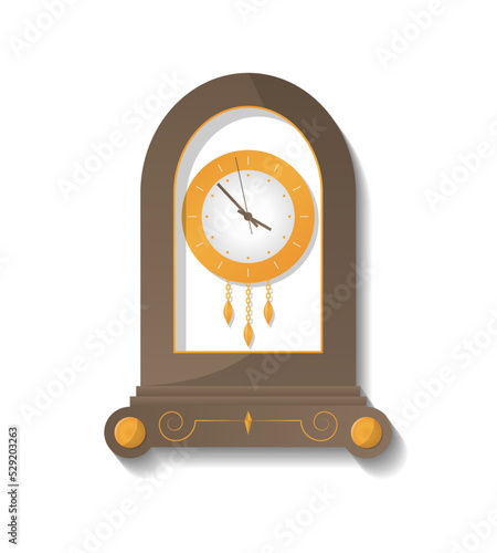 Antique wooden clock icon. Analog chronometer isolated vector illustration in flat style.