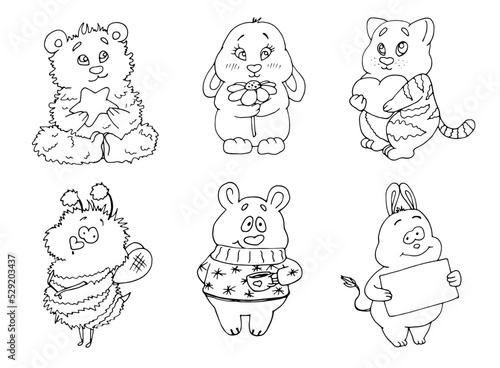 vector coloring page with cute cartoon animals