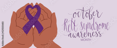 Rett Syndrome Awareness Month October handwritten lettering and purple support ribbon. Web banner vector template