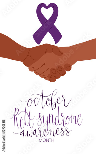 Rett Syndrome Awareness Month October handwritten lettering and purple support ribbon. Web banner vector template