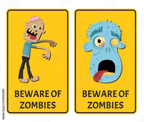 Beware of zombies sticker set with monster. Halloween holiday attribute with funny undead man, festive horror event labels. Symbol collection with cute walking dead character vector illustration.