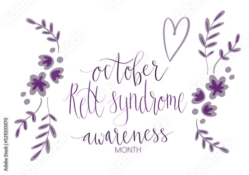 Rett Syndrome Awareness Month October handwritten lettering and purple support ribbon. Web banner vector template