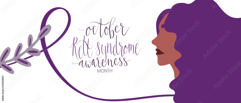 Rett Syndrome Awareness Month October handwritten lettering and purple support ribbon. Web banner vector template Rett Syndrome Awareness Month October handwritten lettering and purple support ribbon. Web banner vector template