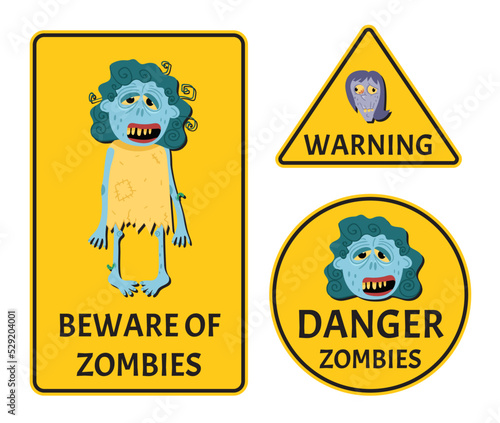 Beware of zombies stickers set for halloween party. Holiday attribute with happy undead, festive horror event labels. Symbol collection with cute female monster character vector illustration.