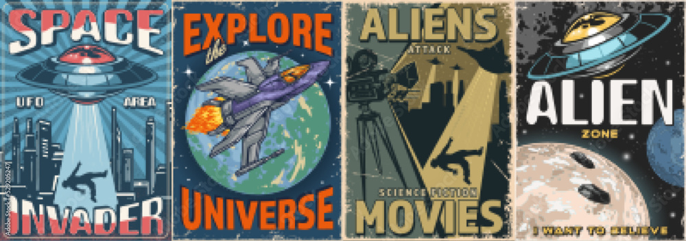 Space adventure set posters colorful Space adventure set posters colorful