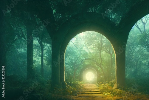 The path through the charming fabulous view of the dense forest is a fantastic green road.  3d render, Raster illustration.