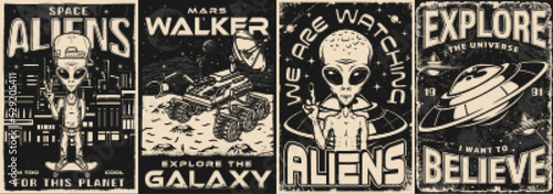 Space alien set posters monochrome